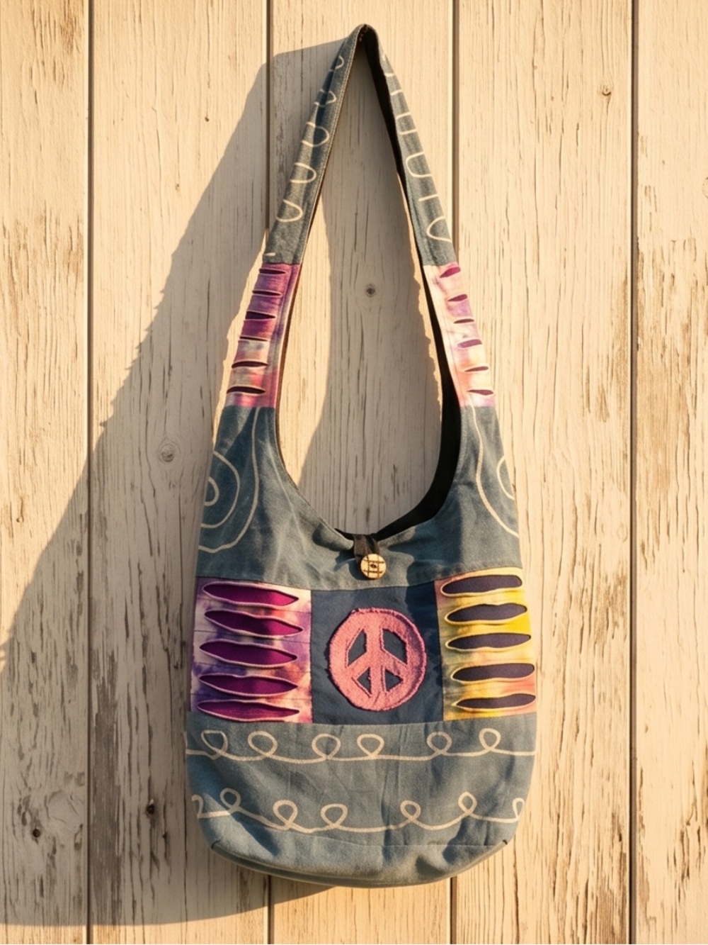 Boho Blue Hobo Bag with Pink Accent Peace Sign